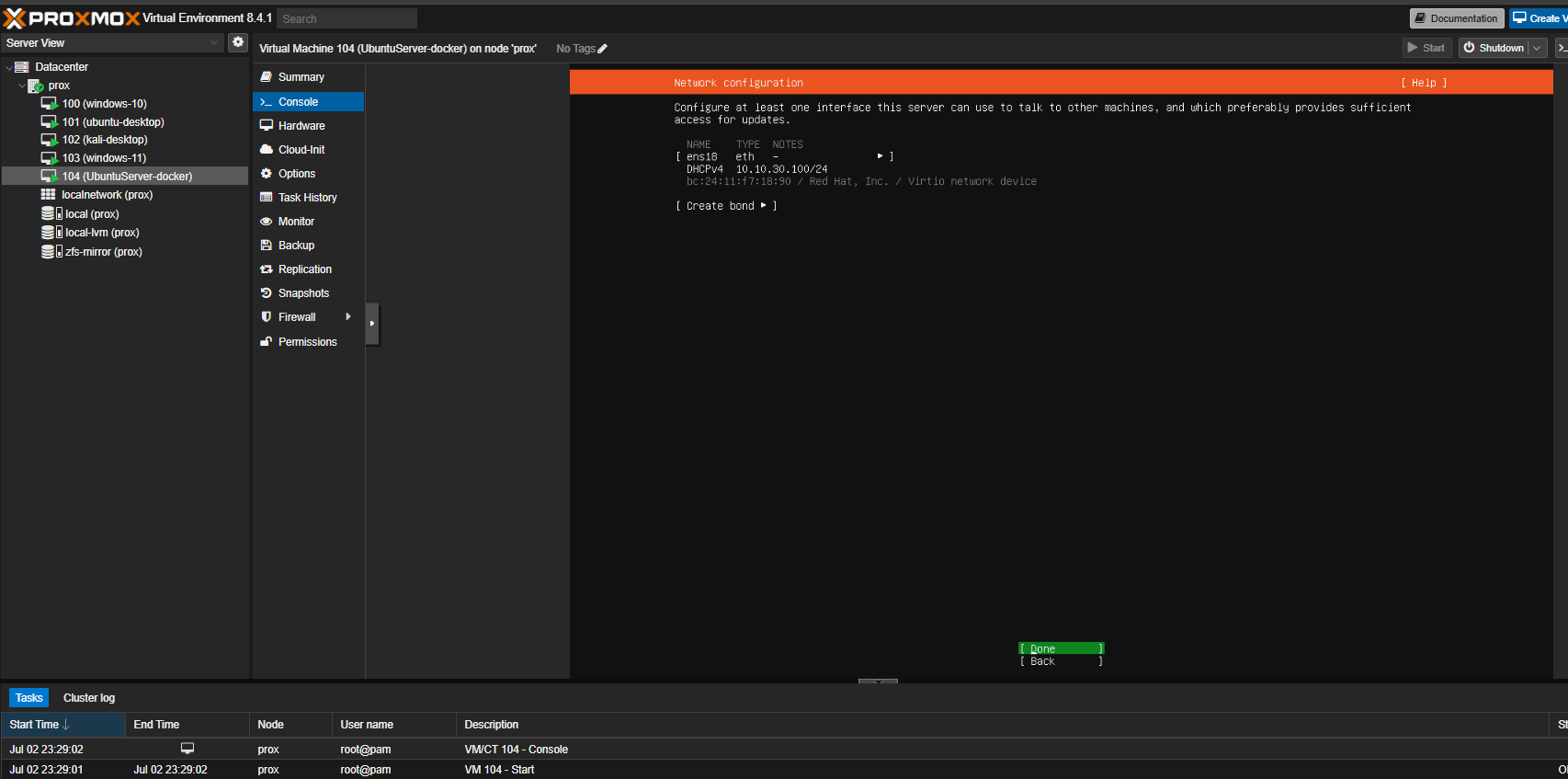 During server installation this shows our dhcp is active with right ip address